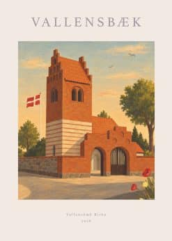 Illustreret plakat med motiv af Vallensbæk Kirke.