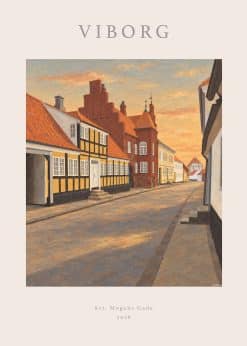 Malerisk plakat med Sct. Mogens Gade i Viborg, bindingsværk og varme gavlhuse, omgivet af lys rosa kant med bynavn.