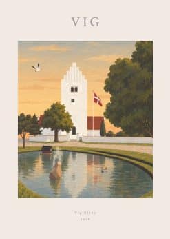 Malerisk plakat med Vig Kirke, Dannebrog og grønne træer i varm aftenhimmel, omgivet af rosa kant med bynavnet Vig.