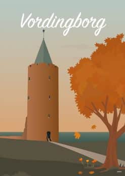 Grafisk plakat med Gåsetårnet i Vordingborg, orange træer, lyst himmelfelt og bynavnet i hvid håndskrift.