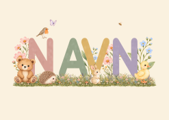 Personlig navneplakat med bløde pastelbogstaver, små skovdyr og fine blomster